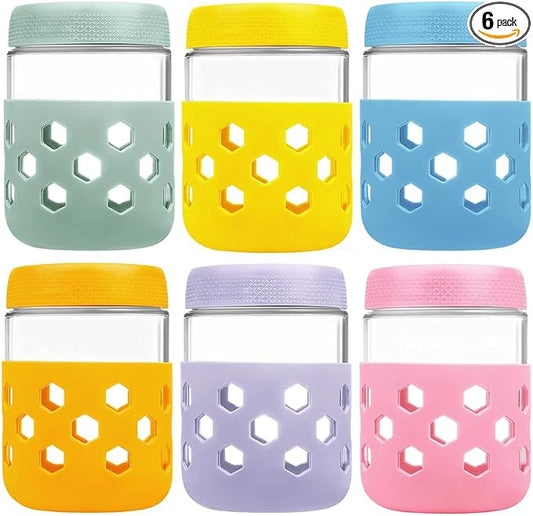 Overnight Oats Containers with Lids and Silicone Sleeve, 6 Pack Wide-Mouth Glass Food Storage Jars, 16oz Mason Jar Style Containers Perfect for Yogurt, Oatmeal, Fruit, Snacks and Meal Prep