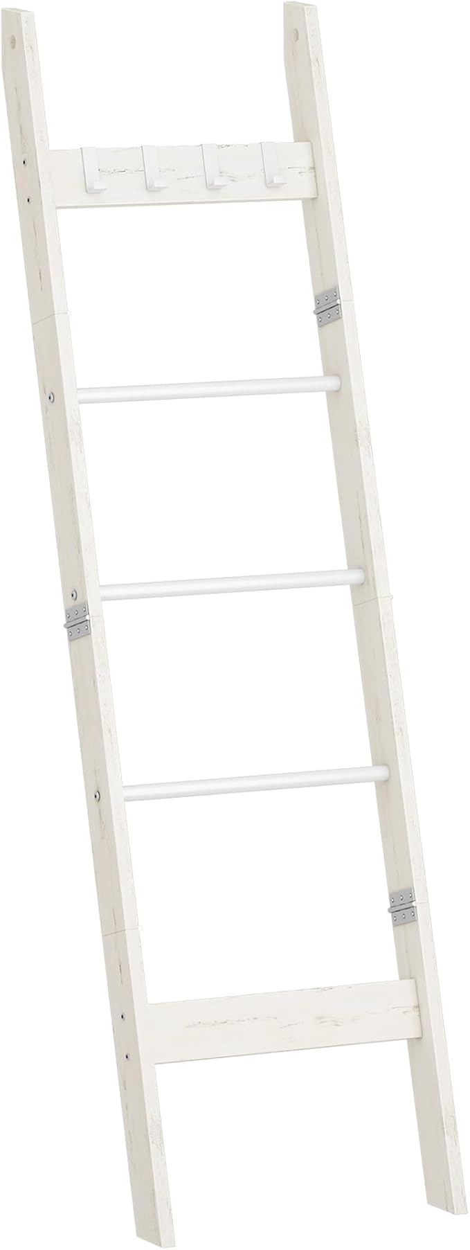 Hzuaneri Blanket Ladder Shelf for Living Room, Decorative Quilt Rack with 4 Removable Hooks, 5-Tier Farmhouse Ladder Holder Organizer for Bedroom, Rustic White BR02114W