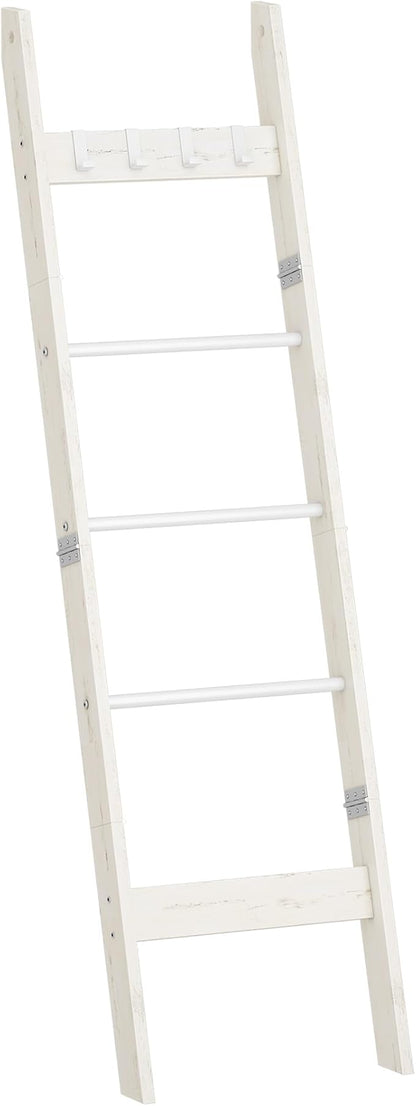 Hzuaneri Blanket Ladder Shelf for Living Room, Decorative Quilt Rack with 4 Removable Hooks, 5-Tier Farmhouse Ladder Holder Organizer for Bedroom, Rustic White BR02114W