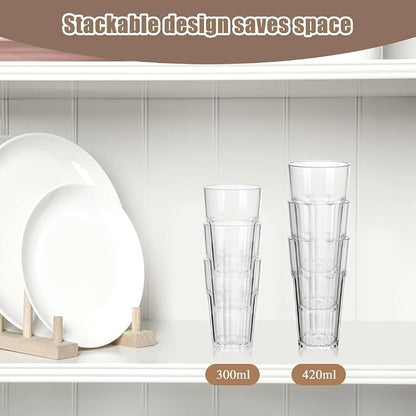 6 Pcs Plastic Tumblers, Unbreakable Water Cups, Reusable Drinking Cup for Kids and Adults, Stackable Acrylic Glasses for Camping Picnic Party Juice Cocktail Whiskey Wine (6pc-clear-300ml/10oz)