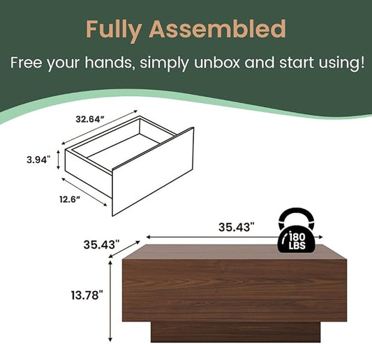 POVISON Modern Square Coffee Table with Storage, 35.43" Wood Coffee Table for Living Room Table Walnut, Fully Assembled