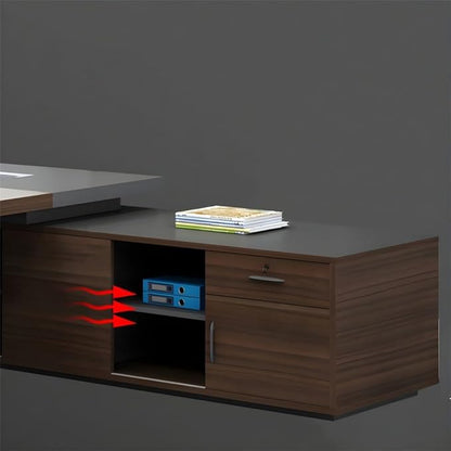 NIUYAO L-Shape Executive Computer Desk with Drawers - Brown/Grey Modern Writing Table with Storage Shelves - 86.5" L x 71" W x 29.5" H (Left)