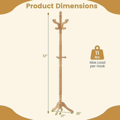 Giantex Solid Wood Coat Rack, Freestanding Hall Tree with 3 Adjustable Heights and 11 Hooks, Rubber Wood Frame, Entryway Hanger Stand, Wooden Garment Rack for Hallway, Living Room (Natural)