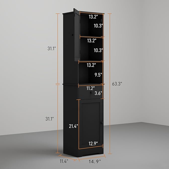 Tall Bathroom Cabinet, Storage Cabinet with 2 Doors & 2Drawer, with Ajustable Shelve, for Bathrooms, Kitchens,Entrances,Bedrooms（Black）
