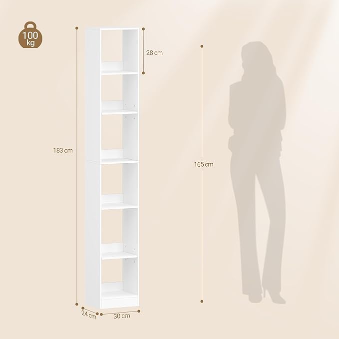 Hzuaneri Bookcase, Tall Narrow Bookshelf, Open Display Storage Shelf, Skinny Cube Book Shelf with Adjustable Shelves, CD Rack for Living Room, Home Office 6-Tier(9.4 x 11.8 x 72.5 inch) White BC09603X