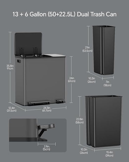 Lovewind Dual Trash and Recycling Bins for Kitchen, 13+6 Gallon Stainless Steel Garbage and Recycle Bin Combo for Large Families, Dual Trash Can with Soft Close Lid & Magnetic Stickers, Grey