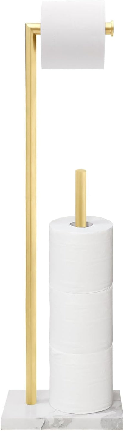 GZILA Toilet Paper Holder Stand Brushed Gold with Reserve, Marble Base Design, Free Standing Bathroom Tissue Roll Holder Freestanding, SUS304 Stainless Steel