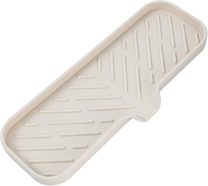 MicoYang Silicone Soap Dish with Drain Spout — Self-Draining Double Sink Organizer Tray for Kitchen & Bathroom, Dispensers, Sponges & Soap Holder, Non-Slip & Dishwasher Safe, Tapioca (Large, 12"×4")
