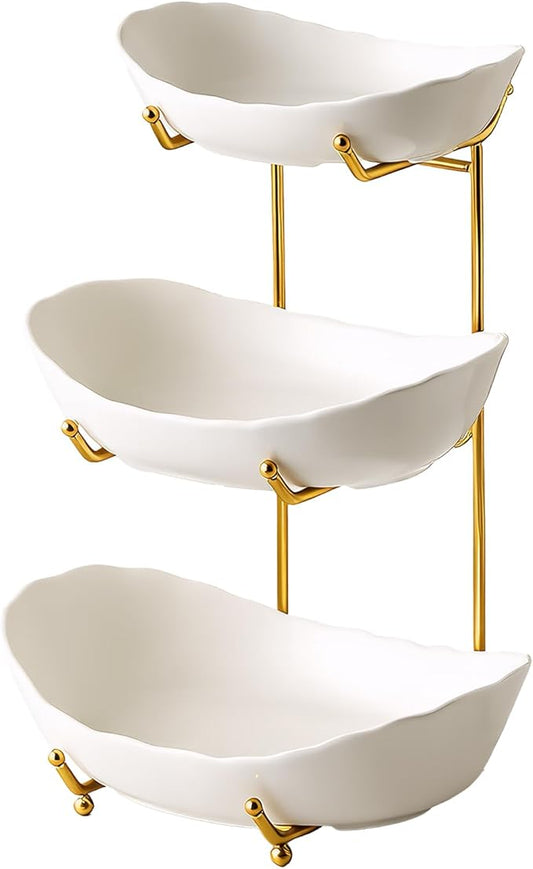 OHiZVZV Fruit Bowls for Kitchen Counter, 3 Tier Ceramic Serving Bowls with Gold Metal Stand, Tiered Fruit Basket for Fruit Vegetable Storage, Fruit Holder for Cake, Dessert, Nuts, Snack