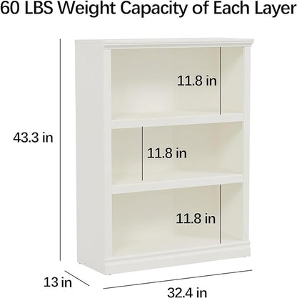 43 in Tall Bookcase, 3-Tier Bookshelf Open Storage, 33 inch Wide Floor Standing Indoor Furniture, Book Cases for Home School Library Office Bedroom Kids, White 3 Tiers
