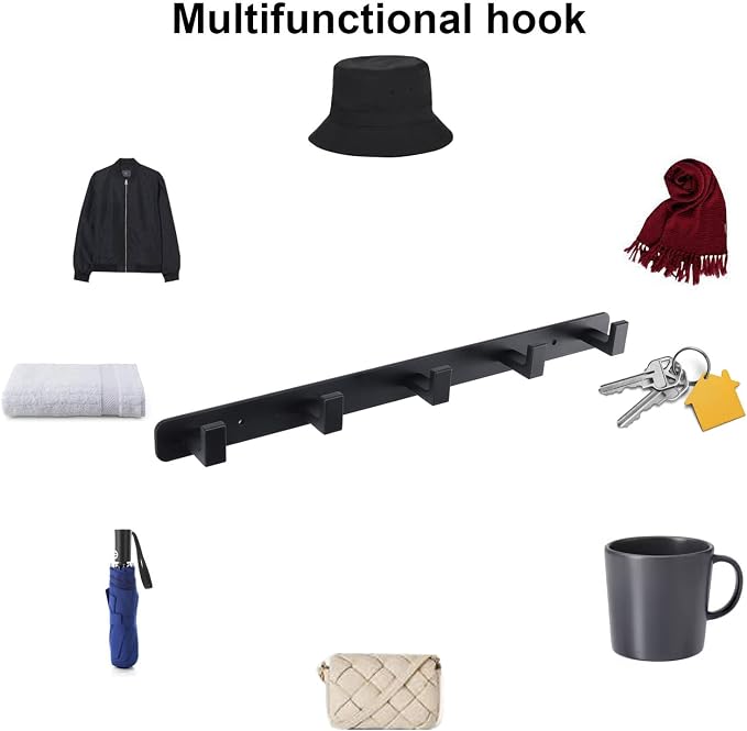 Coat Rack, Heavy Duty Stainless Steel 5 Tri Coat Hook Hanger, Wall Mounted Storage Wall Hooks, Rustic Clothes Hook/Key Hook Rail for Bathroom Kitchen Entryway(5 Hook Black)