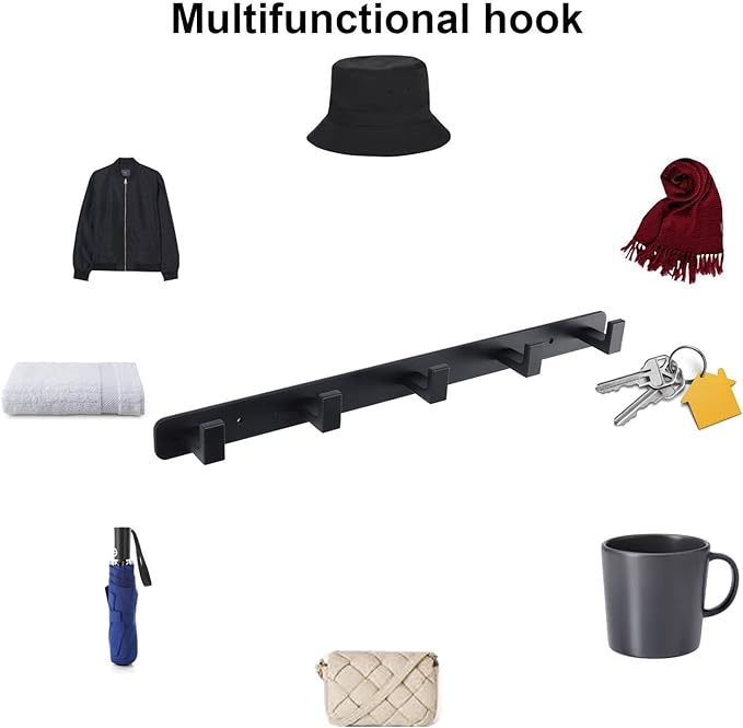Coat Rack, Heavy Duty Stainless Steel 5 Tri Coat Hook Hanger, Wall Mounted Wall Hooks, Rustic Clothes Hook/Key Hook Rail for Bathroom Kitchen Entryway(2 Pack, 5 Hook Black)