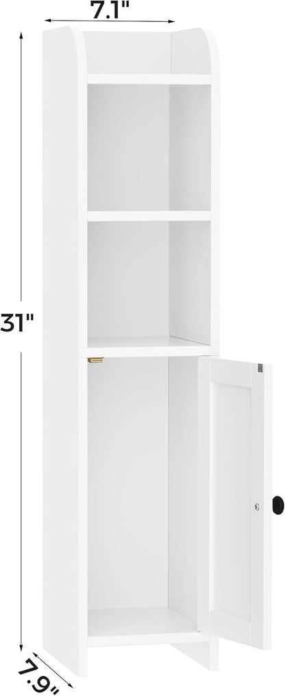 Homhedy Small Bathroom Storage Corner Floor Cabinet with Door and Shelves, Beside The Toilet Paper Stand for Skinny, Narrow Toilet Paper Cabinet, 7.9" D x 7.1" W x 31" H, White