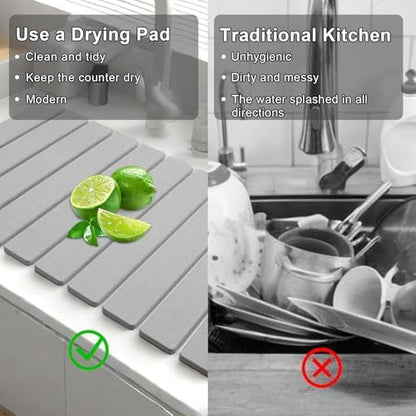 Large Stone Dish Drying Mat for Kitchen Counter,Equipped Dish Rack, Diatomaceous Earth Material, Foldable and Super Absorbent Dish Drying Pad Suitable for Tableware, Bottles and Cup (Grey, 24×16 IN)