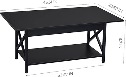 GreenForest Coffee Table with Storage, 43 inch Large Modern Coffee Tables for Living Room, X-Frame Design Farmhouse Coffee Table Space Saving Living Room Tables, Easy Assembly, Black