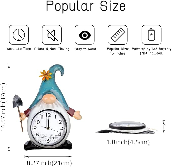 Gnome Outdoor Clock with Thermometer & Humidity, 14.5'' Quartz Outdoor Wall Clock Silent No-Ticking for Patio, Living Room, Kitchen
