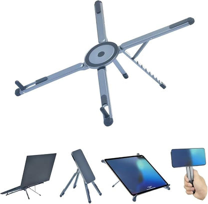Foldable Desktop Portable Laptop Stand, Adjustable Laptop Riser with Magnetic Phone Holder, Aluminum Alloy Notebook Stand Compatible with 10-16” Laptops and 4-13”Phones/Tablets(Silver Gray)