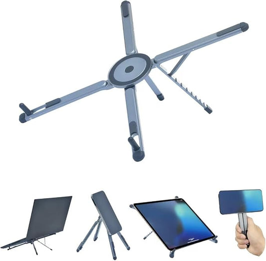 Foldable Desktop Portable Laptop Stand, Adjustable Laptop Riser with Magnetic Phone Holder, Aluminum Alloy Notebook Stand Compatible with 10-16” Laptops and 4-13”Phones/Tablets(Silver Gray)
