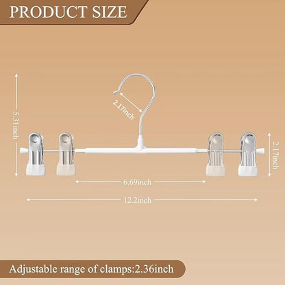 Pants Hangers with Clips 10 Pack Adjustable Skirt Hangers for Women Non-Slip Trousers Hanger for Jeans Clothes Hangers for Pants Heavy Duty Space Saving Shorts Hangers,White,12Inch