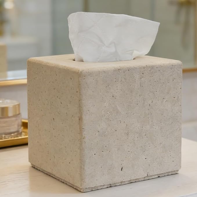 Travertine Tissue Box Cover, Vintage Style Napkin Holder, Square Tissue Box with Acrylic Board Bottom, Natural Heaty Duty Stone Toilet Paper Holder for Bathroom, Bedroom, Living Room