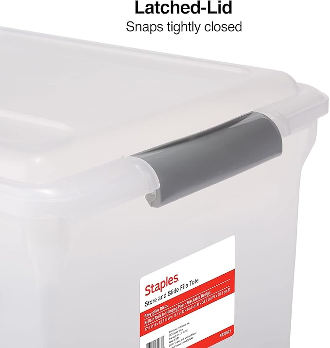 TRU RED Staples Store & Slide Hanging File Box, Latch Lid, Letter/Legal Size, Clear