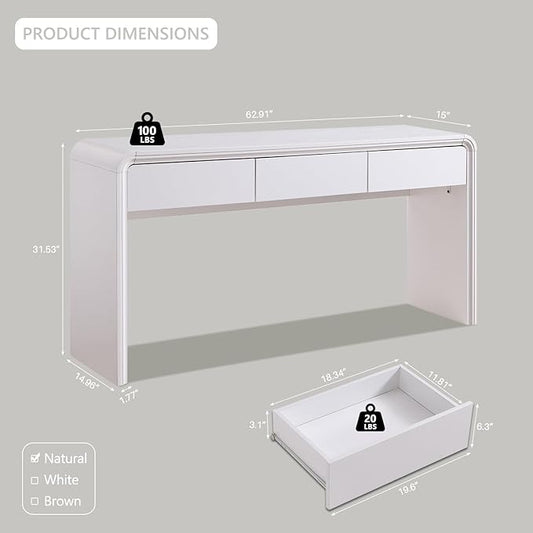 63'' Console Table with 3 Drawers, Modern Entryway Table with Curved Profile Design, Narrow Long Wood Sofa Table Behind Couch Table for Living Room, Hallway, Foyer, White