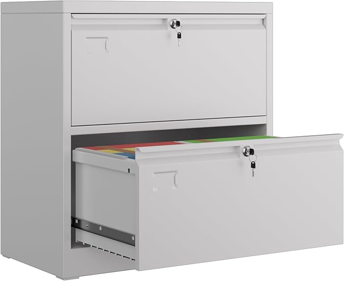 30.24" H Lateral File Cabinet with 2 Drawer,Metal Wide Filing Cabinet with 2 Locks and Business Card Slot for Home Office School Hanging Letter/Legal/F4/A4 Size Folders,Required Assembly,White