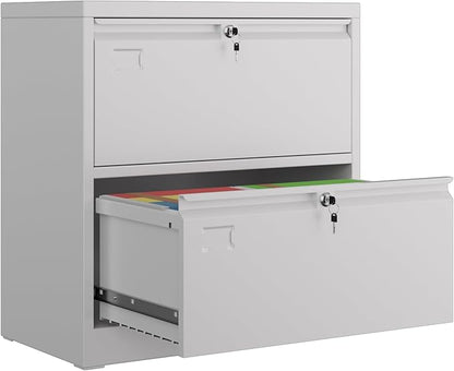 30.24" H Lateral File Cabinet with 2 Drawer,Metal Wide Filing Cabinet with 2 Locks and Business Card Slot for Home Office School Hanging Letter/Legal/F4/A4 Size Folders,Required Assembly,White