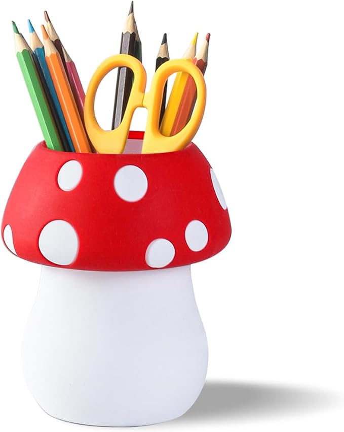 Silicone Pen Holder Cactus Pencil Holder Cute Pens Cup for Desk for Kids Office Decor Desk Accessories Pen Pot Desk Organizer (Red Mushroom)