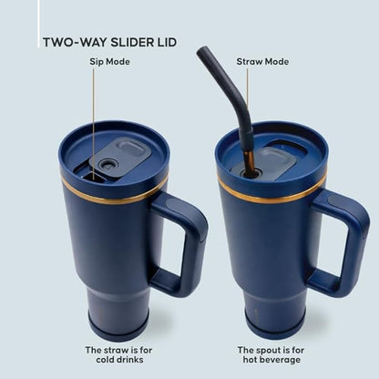 40oz Travel Tumbler Cup with Handle, Two-Way Slider Lid, Stainless Steel Straw with Silicone Tip, Vacuum Insulated Water Bottle for Hot & Cold Drinks, Great Gifts for Mom (Blue Gold)