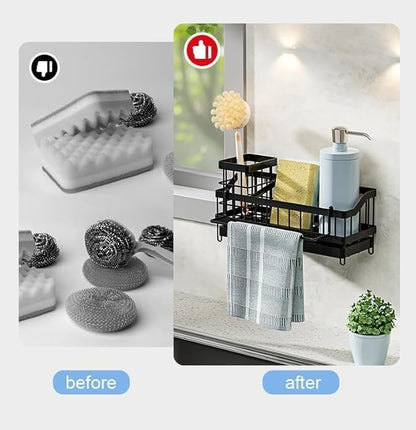 WIWIUXY Sponge Holder for Kitchen Sink, Sink Caddy with High Brush Holder, Organzier Rustproof 304 Stainless Steel Dish Organizer Wall Mount, Soap Dispenser Storage