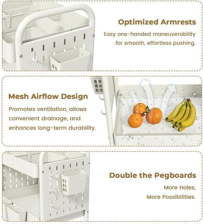 danpinera 3 Tier Rolling Cart with Retractable Dividers, Multi-Functional White Rolling Utility Cart with Pegboards, Hooks & Hanging Cups for Nursery, Living Room, Studio