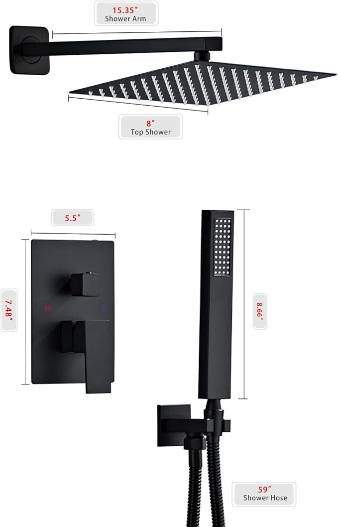 SaniteModar Black Shower Head System 8 Inch Square Rainfall Shower Head with Handheld Shower Vaval and Trim Kit Wall Mounted Shower Faucet Set, Matte Black Shower Head