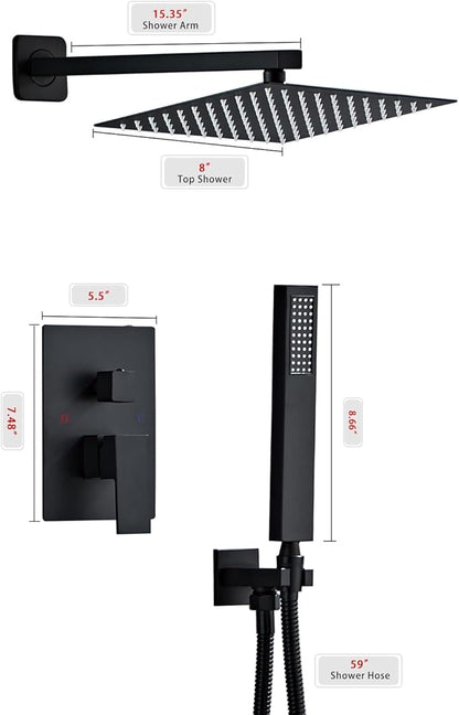 SaniteModar Black Shower Head System 8 Inch Square Rainfall Shower Head with Handheld Shower Vaval and Trim Kit Wall Mounted Shower Faucet Set, Matte Black Shower Head