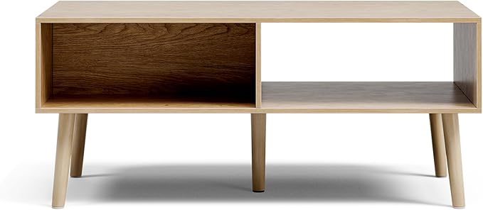 LCRBOL Coffee Table with Storage, Boho Dining Table with Fluted Drawer and Solid Wood Legs, Small Coffee Tables for Living Room, Oak