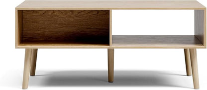 LCRBOL Coffee Table with Storage, Boho Dining Table with Fluted Drawer and Solid Wood Legs, Small Coffee Tables for Living Room, Oak