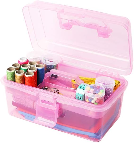 BangQiao Multipurpose Plastic Storage Container Organizer Box Case with Removable Tray and Handle for Art, Craft, Sewing Supplies, Clear&Pink