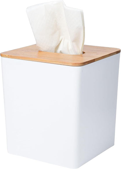 Tissue Box Cover Square,Tissue Box Holder with Bamboo Lid,Tissue Dryer Sheet Holder for Modern Farmhouse Boho Decor,1 Pack,(White)