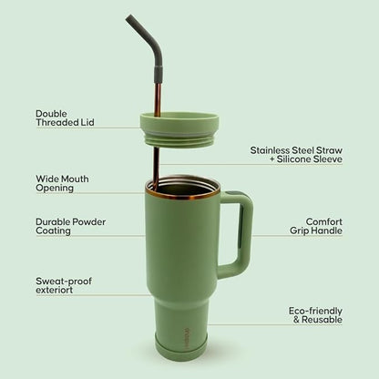 40oz Travel Tumbler Cup with Handle, Two-Way Slider Lid, Stainless Steel Straw with Silicone Tip, Vacuum Insulated Water Bottle for Hot & Cold Drinks, Great Gifts for Mom (Green Gold)