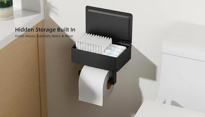 FORIOUS Toilet Paper Holder with Shelf, Sanitary Napkin Receptacle Tampon Holder, Wall Mount Toilet Paper Holder with Storage, Flushable Wipes Dispenser Fits for Bathroom Commercial(1, Matte Black)