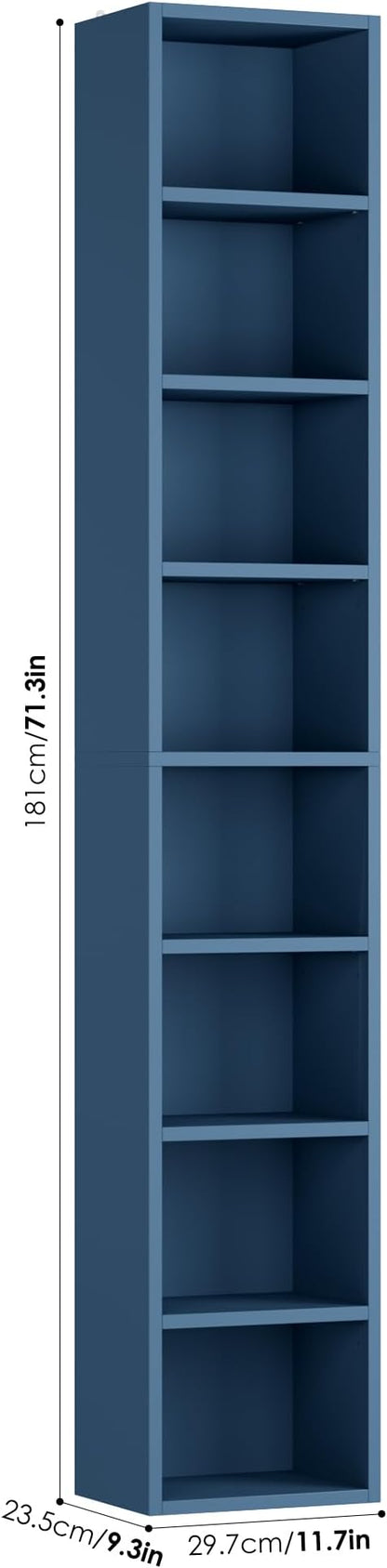 FOTOSOK 8-Tier Media Tower Rack, 11.6 X 9.3 X 70.9 Inches CD DVD Slim Storage Cabinet with Adjustable Shelves, Tall Narrow Bookcase Display Bookshelf for Home Office, Blue