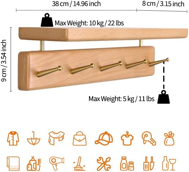 Solid Wood Shelf with Hooks, 15 inch Coat Rack Wall Mount, Shelves with 5 Brass Hooks for Hanging in Entryway, Living Room, Bathroom, Bedroom, Kitchen(Beechwood)