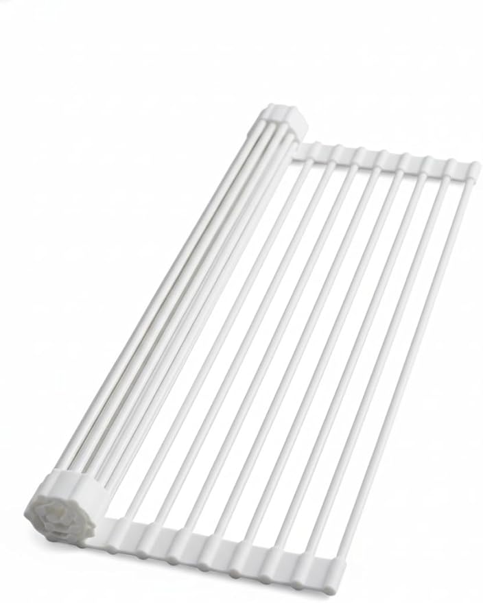 Roll Up Dish Drying Rack Over Sink, 16.93" x 12.99" Foldable Silicone Wrapped Stainless Steel Over The Sink Dish Drying Rack, White
