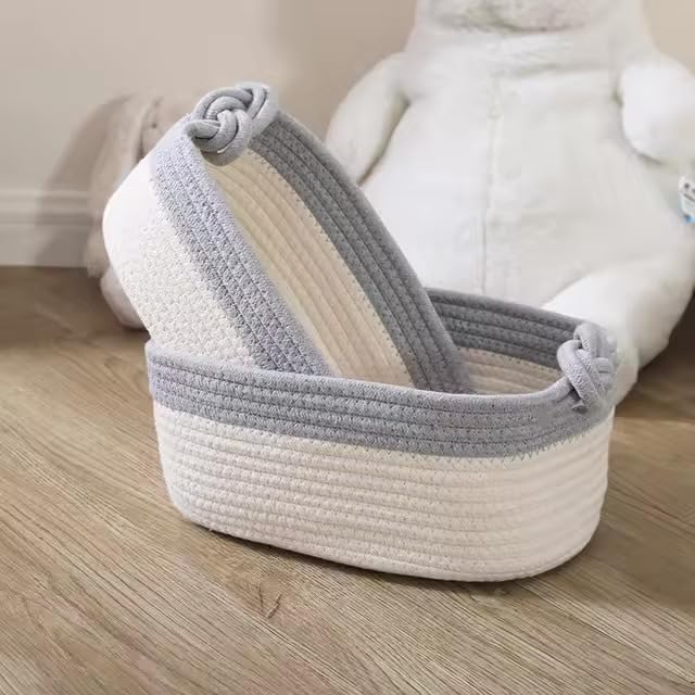 Set of 2 Cotton Woven Baskets 100% – Decorative Storage Set, Easy to Carry, Modern Design in Beige or Gray, Ideal for Bathroom, Bedroom, Living Room, Nursery & Gift Giving