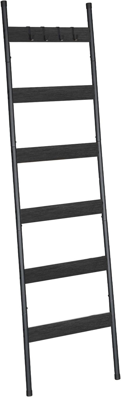 HOOBRO Blanket Ladder, 6-Tier Towel Rack with Hooks, Wall-Leaning Blanket Rack, Decorative Display Ladder Shelf, Scarves, Industrial, Living Room, Bedroom, Black BB66CJ01