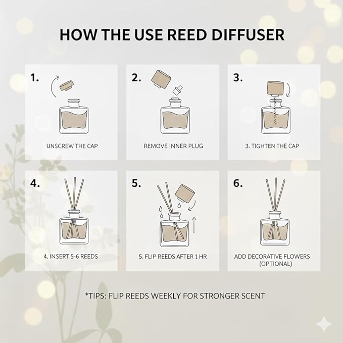 Reed Diffuser Set - Vanilla Coconut Oil, Oil Diffuser Sticks, Bathroom Diffuser, Bathroom Shelf Decor, 200ml with Preserved Flowers - PEANÄK