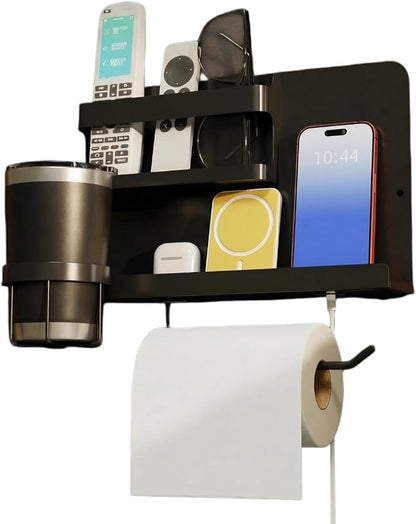 Floating Shelves for Bedside, Self Stick On Wall Mount Shelf Organizer with Hooks, Cute Room Decor Aesthetic, Multi-Functional Storage for Bedroom, Office, No Drilling Adhesive Hanging Shelf (Black)