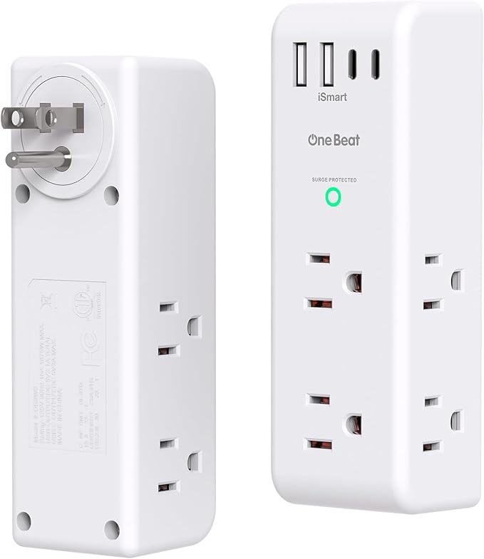 Surge Protector Outlet Extender with Rotating Plug, 6 AC Multi Plug Outlet with 4 USB Ports (3 USB C), 1800 J, 3-Sided Swivel Power Strip with Spaced Outlet Splitter for Dorm Office, White-2 Pack