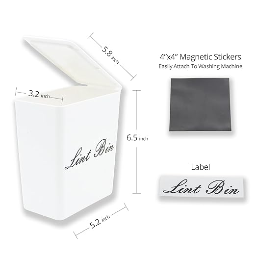 Artilife Magnetic Plastic Lint Bin with Lid for Laundry Room, 6 X 5 Inch Compact Wall Mount Lint Holder for Dryer, Small White ABS Trash Can for Dryer Lint and Sheets