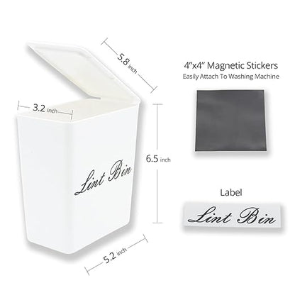 Artilife Magnetic Plastic Lint Bin with Lid for Laundry Room, 6 X 5 Inch Compact Wall Mount Lint Holder for Dryer, Small White ABS Trash Can for Dryer Lint and Sheets